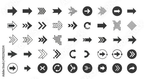 Collection of Various Arrow Icons and Symbols on White Background, Vector Set