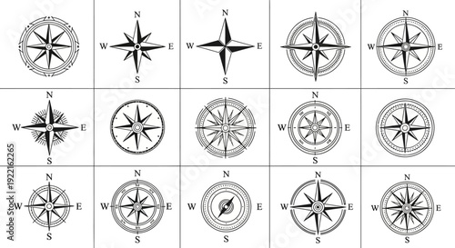 Collection of Stylized Compass Rose Designs for Navigation and Directional Illustration