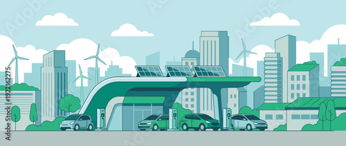 Modern Electric Vehicle Charging Station in a Sustainable Green City with Solar Panels, Wind Turbines, and Eco-Friendly Cars at Charging Points, Flat Vector Illustration for Clean Energy Future.