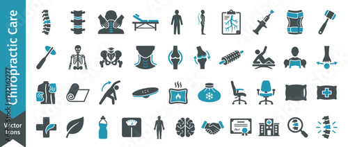 Chiropractic Care and Spinal Health Icon Set featuring Flat Vector Illustrations for Back Pain Relief, Physiotherapy, Massage, Orthopedic Treatment, Posture Correction, and Medical Wellness Tools.