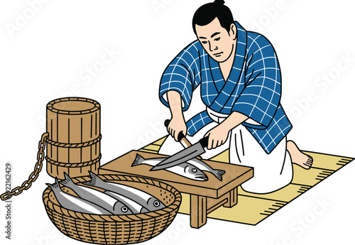 Man in Traditional Attire Slicing Fresh Fish on a Wooden Board, Concept of Artisanal Culinary Craftsmanship, Traditional Seafood Preparation, Cultural Gastronomy, and Mastery Vector Illustration