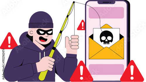 Masked Hacker Phishing for Data from a Smartphone with a Fishing Rod and Malicious Email, Concept of Mobile Threats, Digital Fraud Warning, Internet Scam Alert, and Cybercrime Vector Illustration