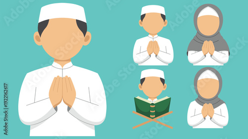 Muslim Man and Woman Praying and Reading the Quran on a Teal , Concept of Islamic Spiritual Devotion, Ramadan Celebration, Religious Education, and Minimalist Cultural Identity Vector Illustration