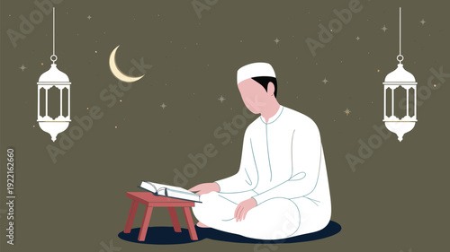 Muslim Man Reading Under a Starry Night Sky with Lanterns and Crescent Moon, Concept of Islamic Spiritual Devotion, Ramadan Celebration, Sacred Study, and Peaceful Worship Vector Illustration