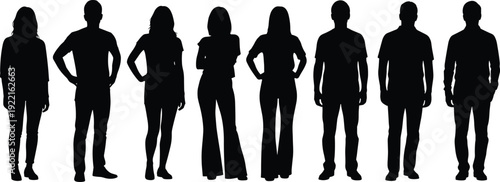 Men and women full body silhouettes set, standing people figures isolated on white background vector illustration collection