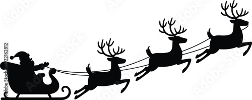 Santa sleigh silhouette, reindeer flying team, christmas holiday transport, festive winter night scene, isolated clipart, flat vector illustration