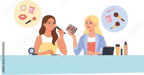 Professional Makeup Artist Assisting a Client with Cosmetic Application , Concept of Beauty Industry Expertise, Makeup Consultation, Aesthetic Self-Care, and Cosmetic Retail Vector Illustration