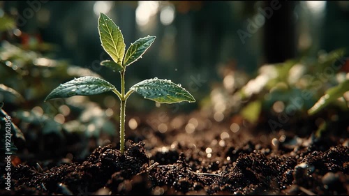 Growth and Renewal: A vibrant seedling emerges from the dark earth, its fresh green leaves reaching towards the sunlight, representing new life, and the potential for a flourishing future.