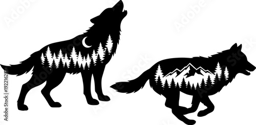 Wolf double exposure silhouettes collection, forest mountain nature inside wolf silhouette isolated illustration set for design use