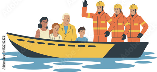Rescue Workers Evacuating a Diverse Family in a Boat During a Flood, Concept of Humanitarian Disaster Relief, Emergency Response Heroism, Crisis Management, and Community Safety Vector Illustration