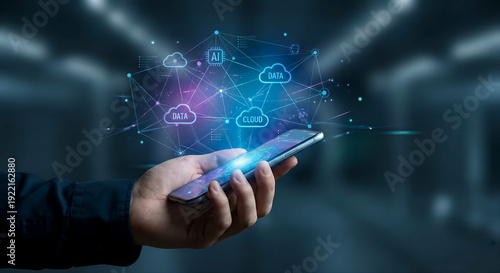 Man Holding Smartphone with Cloud Computing and AI Data Network Graphic, Concept of Digital Transformation and Future Technology
