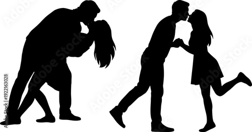 Romantic couple silhouettes collection, man kissing woman love poses, valentine romance silhouette isolated illustration set for design