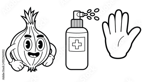 Set of Hygiene and Health Icons including an Onion Character, Sanitizer Spray, and Stop Hand, Concept of Disease Prevention, Natural Remedies, Personal Safety, and Creative Medical Vector Illustration