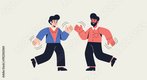 Two happy cartoon men waving their hands in a friendly gesture, celebrating success or a joyful meeting, isolated on a light background, vector illustration
