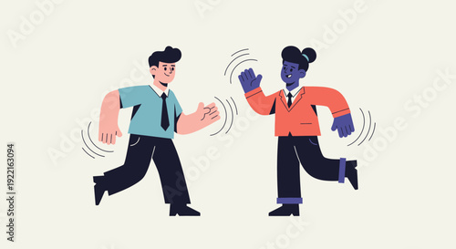 Two diverse individuals, one in casual attire and another in professional clothing, joyfully greeting each other with waves and dynamic motion, representing a friendly and inclusive interaction