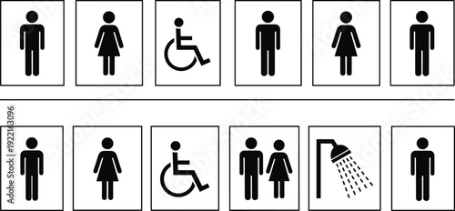 Public restroom and accessibility icons set, male female wheelchair shower symbols isolated on white background vector illustration collection