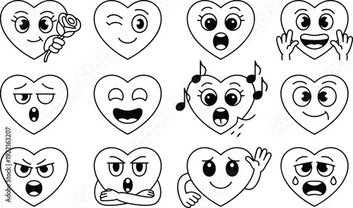 Set of Twelve Heart Emoji Character Outlines on a White Background, Concept of Emotional Expression, Digital Communication, Creative Coloring Activities, and Friendly Feeling Icons Vector Illustration
