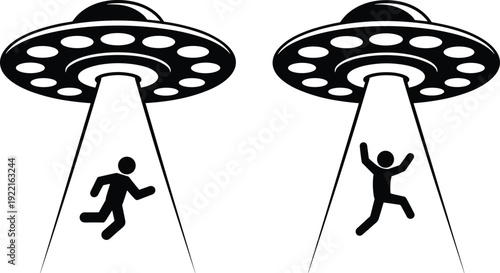 Set of UFO Abduction Scenes with Human Silhouettes on a White Background, Concept of Extraterrestrial Contact, Alien Mystery, Sci-Fi Abduction, and Paranormal Phenomenon Vector Illustration