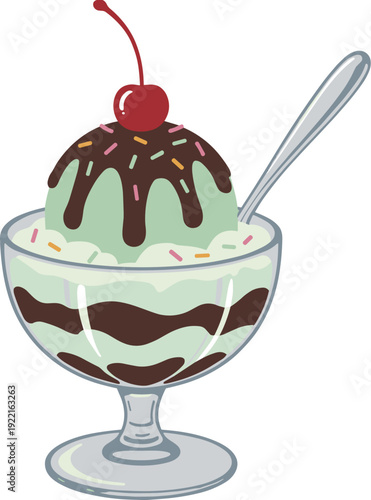 Single Mint Chocolate Chip Ice Cream Sundae with Chocolate Drizzle a Cherry in a Glass Cup with a Spoon, Concept of Summer Dessert Indulgence, Gourmet , and Artisanal Treats Vector Illustration
