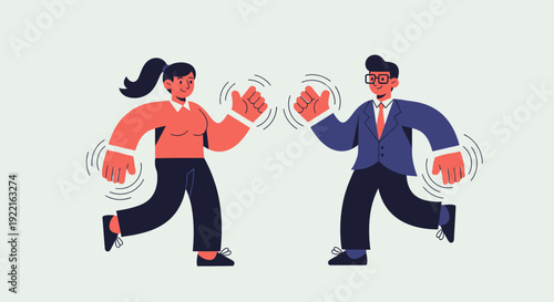 Illustrative depiction of a man and woman in casual attire, with wavy lines around their arms, suggesting movement or a high-five gesture, set against a plain background