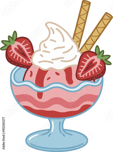 Single Strawberry Ice Cream Sundae with Whipped Cream, Wafers, and Fresh in a Glass Cup, Concept of Summer Dessert Indulgence, Gourmet Confectionery, and Artisanal Fruit Treats Vector Illustration