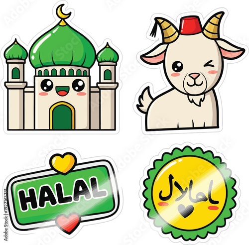 Cute cartoon mosque and goat with Halal signs sticker set.