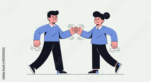 Two cartoon people in casual clothes are giving each other a fist bump, celebrating success, friendship, and teamwork with a sense of accomplishment and positive energy