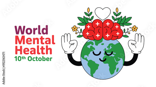 Smiling Earth Character with Meditating Hands and Brain on a Pink Background, Concept of World Health Day, Global Emotional Well-being, Mindfulness, and Psychological Recovery Vector Illustration