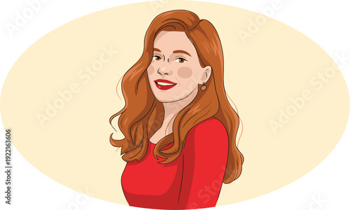Smiling Woman with Long Wavy Red Hair in a Red Top on a Cream Oval Background, Concept of Individual Beauty, Self-Confidence, Hair Styling, and Modern Feminine Fashion Vector Illustration