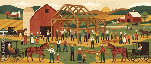 Flat vector illustration of a traditional Amish barn raising with a community working together to build a wooden frame on a farm with red barns, horse-drawn buggies, and a scenic sunrise.