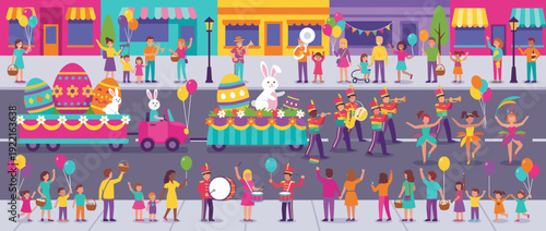 Flat vector illustration of a colorful Easter parade featuring decorated floats with giant eggs and bunnies, marching bands with musicians, dancers, and happy families watching the celebration.