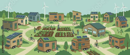 Flat Vector Illustration of a Sustainable Tiny House Community Featuring Solar Panels, Wind Turbines, and Shared Vegetable Gardens. Eco-Friendly Village with People Gardening and Cycling.