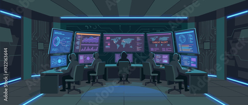 Modern cybersecurity operations center flat vector illustration with analysts monitoring global threats on digital screens, featuring data visualization, network security, and cyber defense.