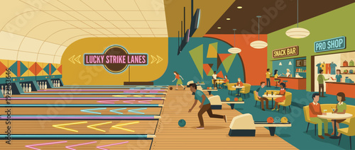 Retro bowling alley interior flat vector illustration featuring neon lane lights, vintage color palette, people bowling, snack bar, pro shop, and mid-century modern social leisure atmosphere.
