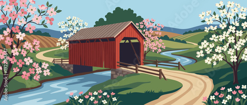 Flat vector illustration of a scenic red covered bridge over a winding stream, surrounded by blooming pink and white dogwood trees in a lush spring landscape with rolling hills and a dirt path.