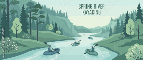 Spring river kayaking adventure flat vector illustration. People paddling inflatable boats through a scenic forested canyon with mountains, pine trees, and blooming spring flowers on the riverbanks.