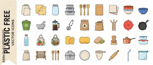 Comprehensive set of 32 plastic-free kitchen icons featuring eco-friendly alternatives like reusable bags, glass jars, wooden utensils, and metal containers for a sustainable zero-waste lifestyle.