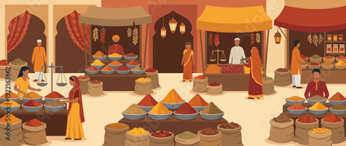 Vibrant flat vector illustration of a traditional Indian spice market featuring colorful powder displays in bowls and sacks, people in ethnic attire, market stalls, scales, and warm lanterns.
