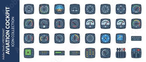Vector Icon Set of 24 Pilot Cockpit and Aviation Instruments in Flat Design. Includes Altimeter, Airspeed Indicator, Attitude Indicator, Compass, Fuel Gauge, GPS, and Flight Control Levers.