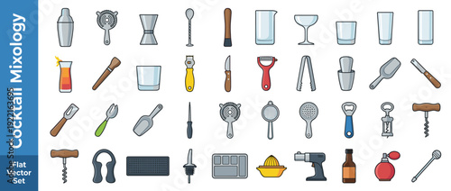 Professional Flat Vector Icon Set of 30 Cocktail Bar Mixology Tools and Equipment Including Shaker, Strainer, Jigger, Glassware, Muddler, Corkscrew, and Bartender Accessories for Drink Making