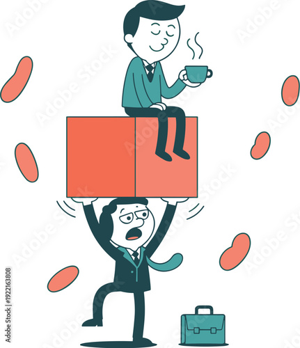 Stressed Businessman Carrying a Large Box with a Relaxed Drinking Coffee on Top, Concept of Workplace Inequality, Unfair Workload, Corporate Burnout, and Management Disparity Vector Illustration