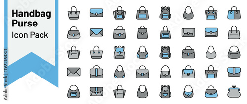 Comprehensive Vector Icon Set of 40 Handbag and Purse Styles, Including Backpacks, Clutches, Totes, and Satchels in a Modern Flat Design with Clean Monochrome Grey and Blue Accents for Fashion.