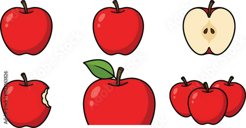 Bright red apple illustrations set with whole, sliced, and bitten fruit variations.