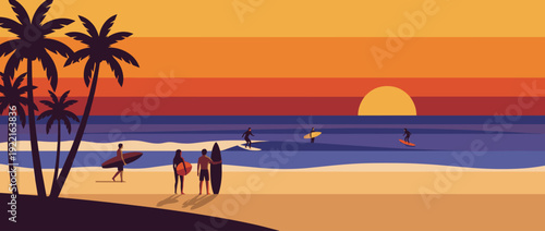 Flat vector illustration of a tropical sunset beach scene with surfers catching waves and palm trees silhouetted against a vibrant orange and yellow sky at dusk, minimalist summer vacation art.