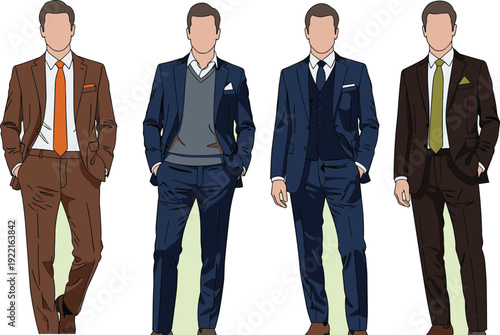 Stylish businessmen in formal suits collection, elegant male fashion models isolated on white background vector illustration set