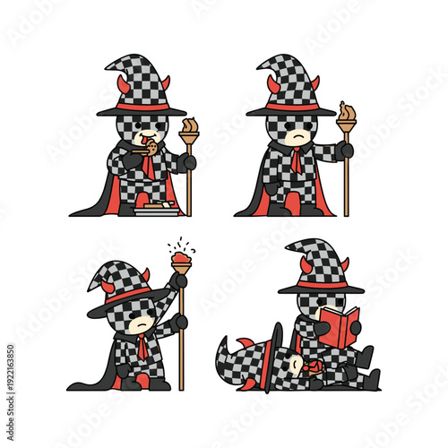 Cartoon wizard cat in checkered robe performing magic spells with copy space