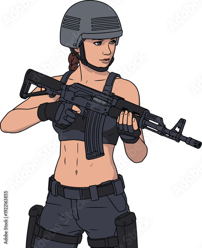 Strong Female Tactical Soldier with Assault Rifle and Ballistic Helmet on a Neutral Background, Concept of , Strategic Defense, Action-Adventure Character, and Modern Security Vector Illustration
