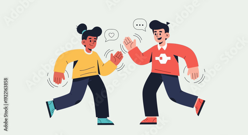 Illustration of two people chatting and gesturing with speech bubbles, representing communication and connection between individuals in a friendly interaction