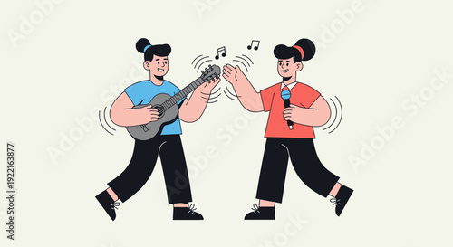 A Musical Duo A Person Playing Guitar and Another Singing into a Microphone, Illustrating a Lively Performance and Harmony