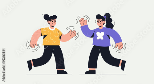Two diverse cartoon characters are greeting each other with waving hands, representing friendship and connection in a modern, flat design illustration style against a neutral background